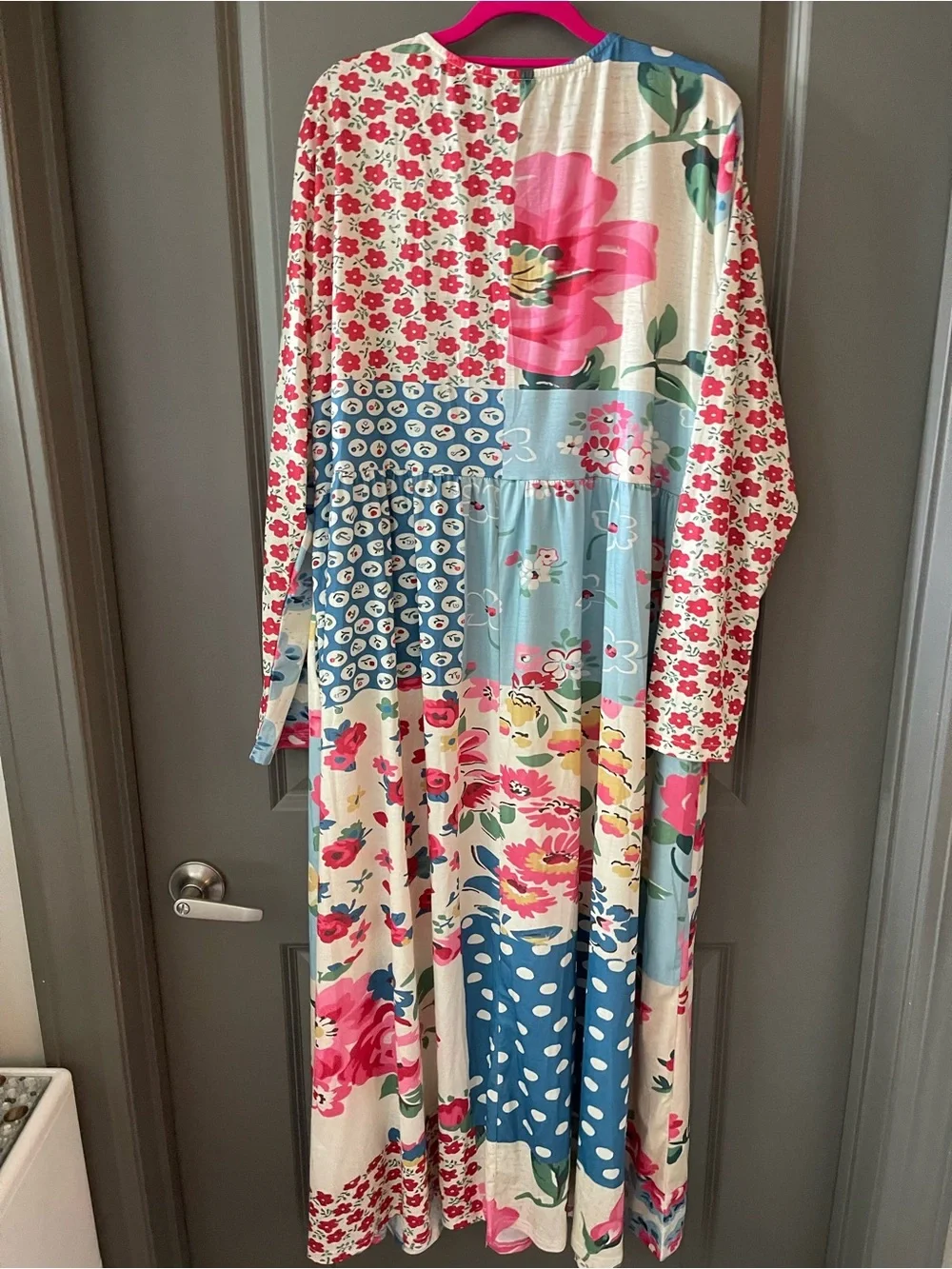 Floral Patchwork Long Sleeve Maxi Dress - Pink & Blue